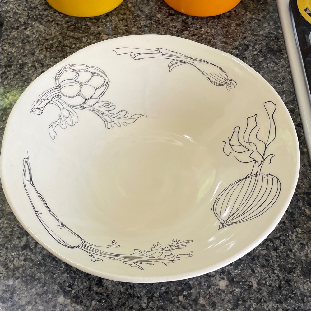 Source Unknown White Ceramic Serving Bowl with Vegetable Sketches
